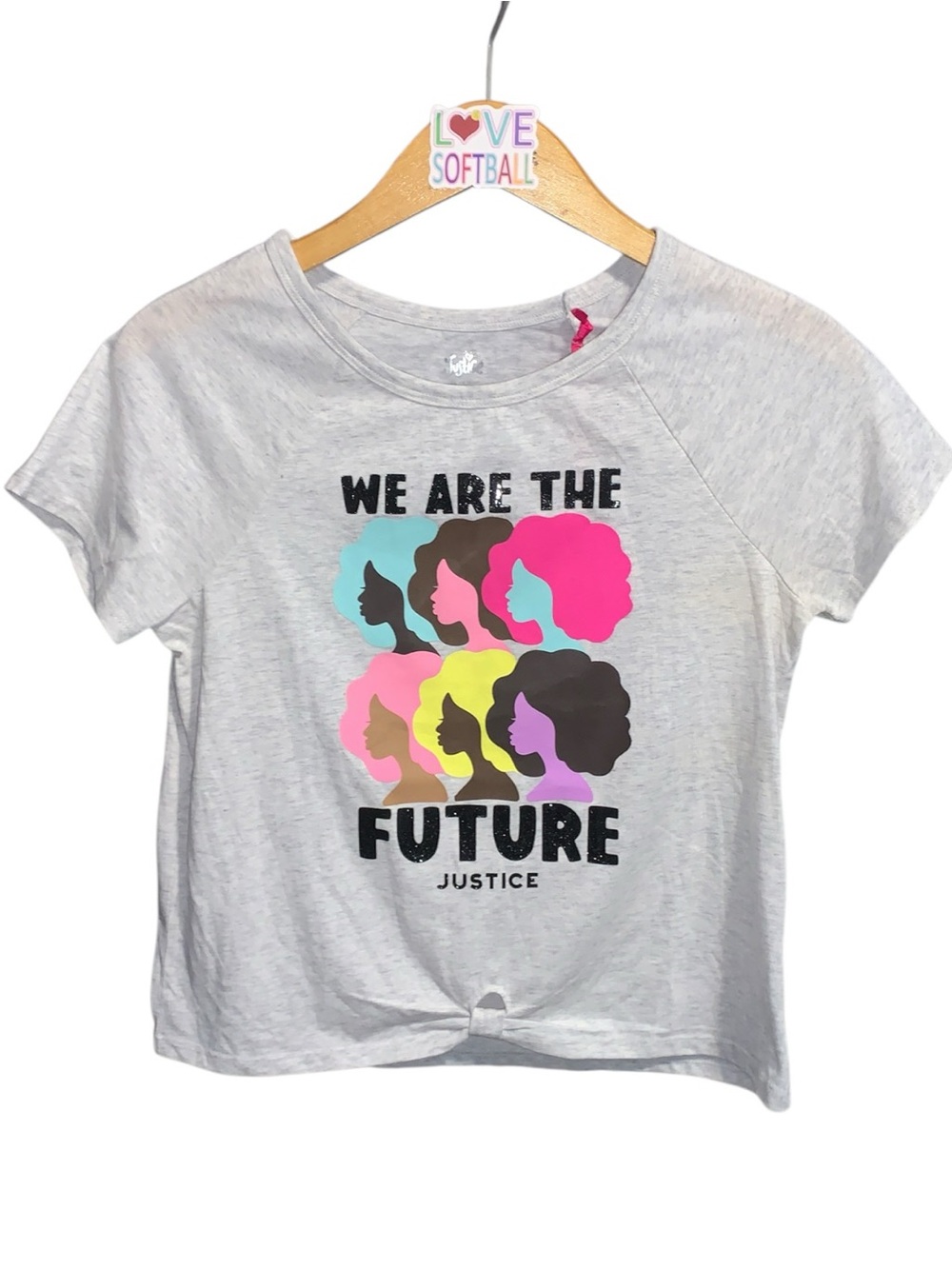 NWT Justice “We Are The Future” Grey Front Knot Short Sleeve Top African